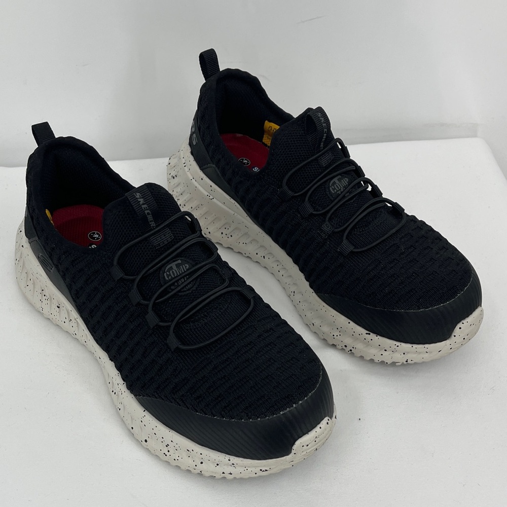 SKECHERS WOMENS SIZE 7.5 TILIDO  COMPOSITE TOE Black Knit Sneakers WORK SHOES